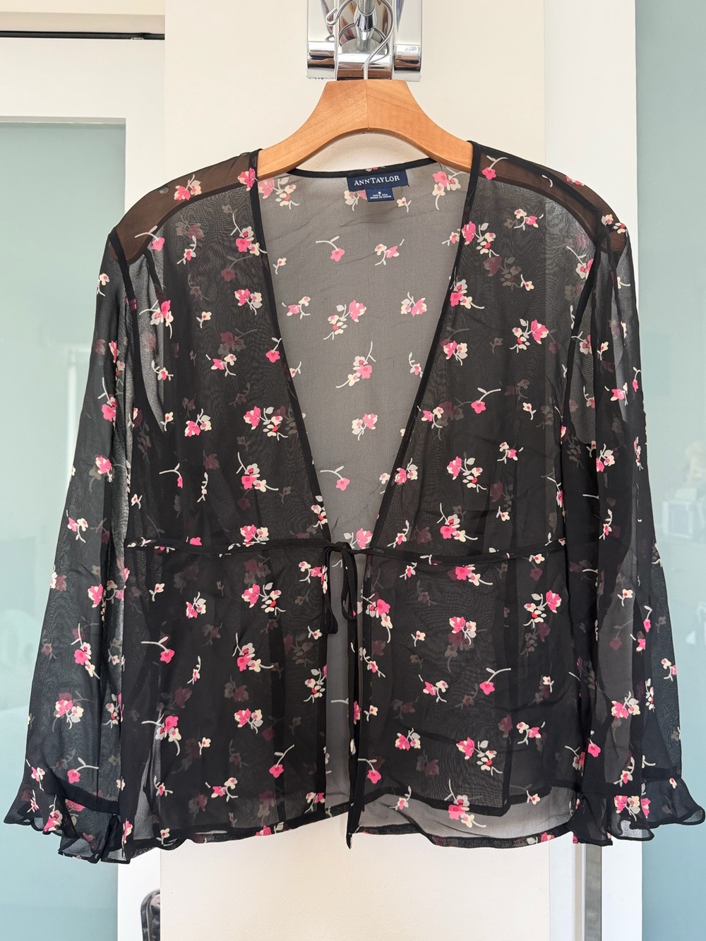 Ann Taylor Black Sheer Silk Floral Tie-Front Blouse
